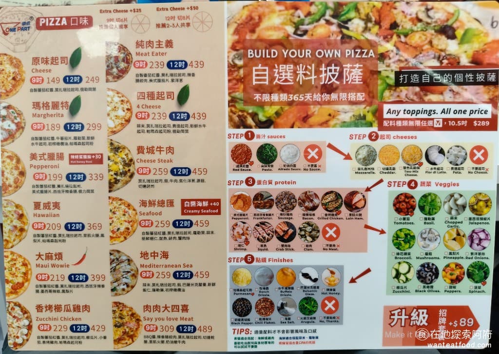 頑派ONEPART披薩專賣店 頑派ONEPART披薩專賣店菜單 披薩的口味非常多種有9吋和12吋的,其中最特別的是《頑派 ONE PART -披薩專賣店》的披薩可以自己選配料 @在地老饕阿府
