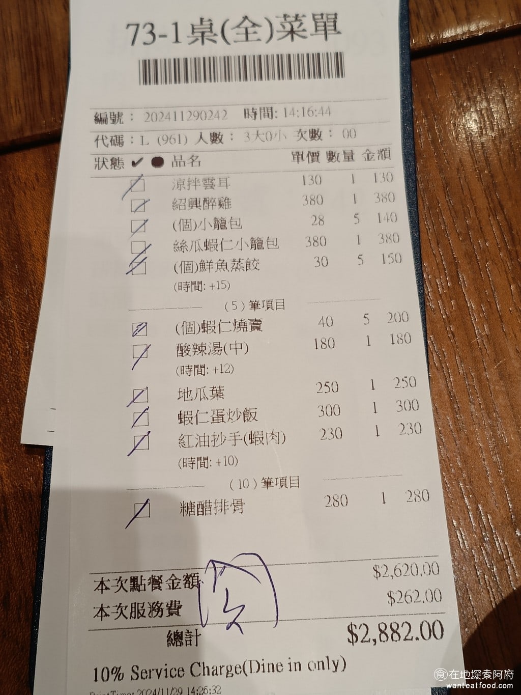 台北信義區 鼎泰豐 A13店 小籠包 黃金18摺 排隊 紅油抄手 流沙包 松露 醉雞 糙米 絲瓜湯包 烤麩 我們才三個人，就吃了 2800元，其實還是蠻貴的，但久久吃一次，還是值得的 @在地老饕阿府