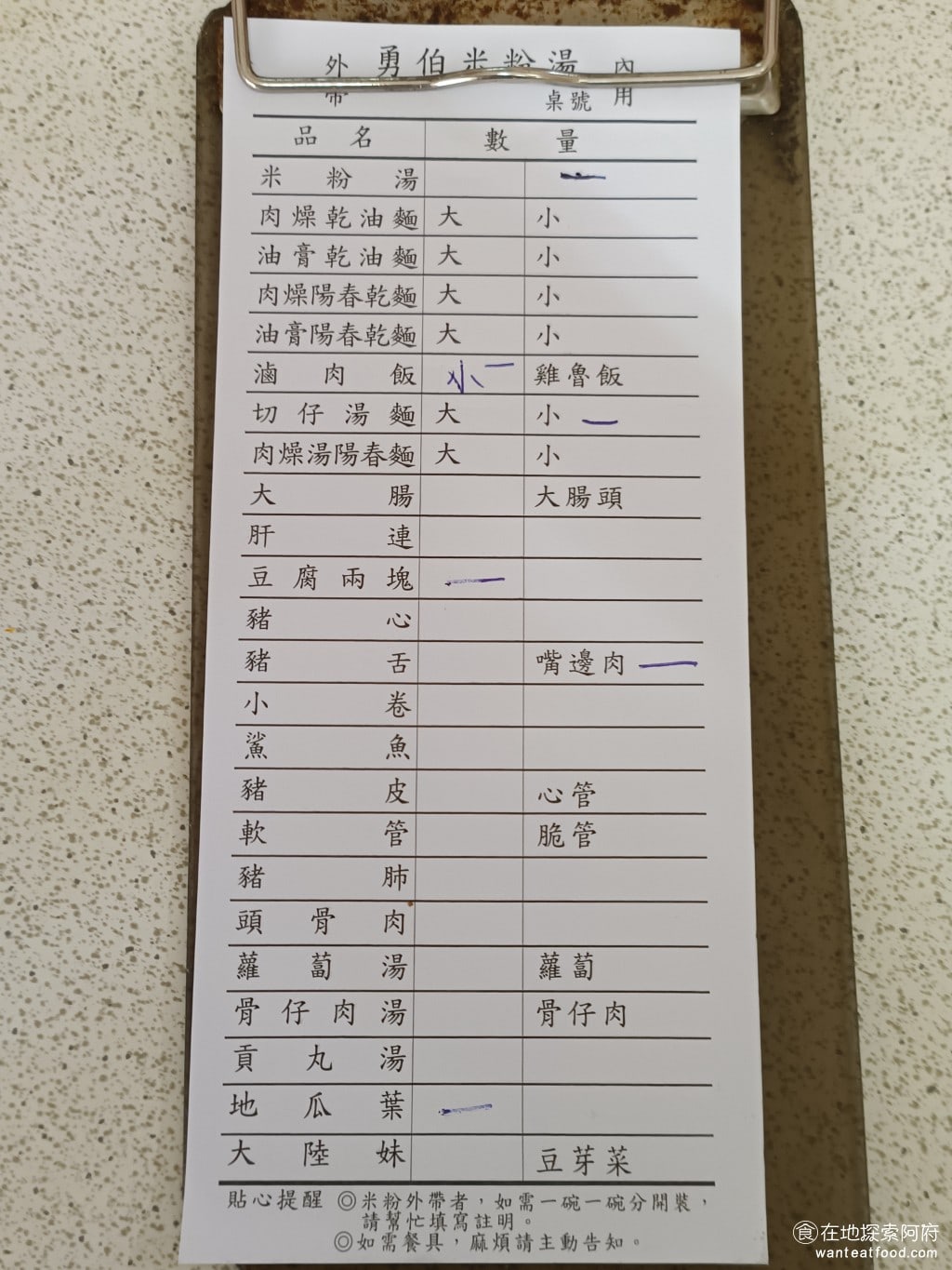 劍潭勇伯米粉湯 士林美食 台灣小吃 店家外面牆上的看板餐點是有價格的，店內菜單則是沒有價格。不過《劍潭勇伯米粉湯》的餐點不會很貴，米粉湯一碗是 40 元，其他的小菜都在 50 元以下，所以想吃什麼就可以直接勾選。 @在地老饕阿府